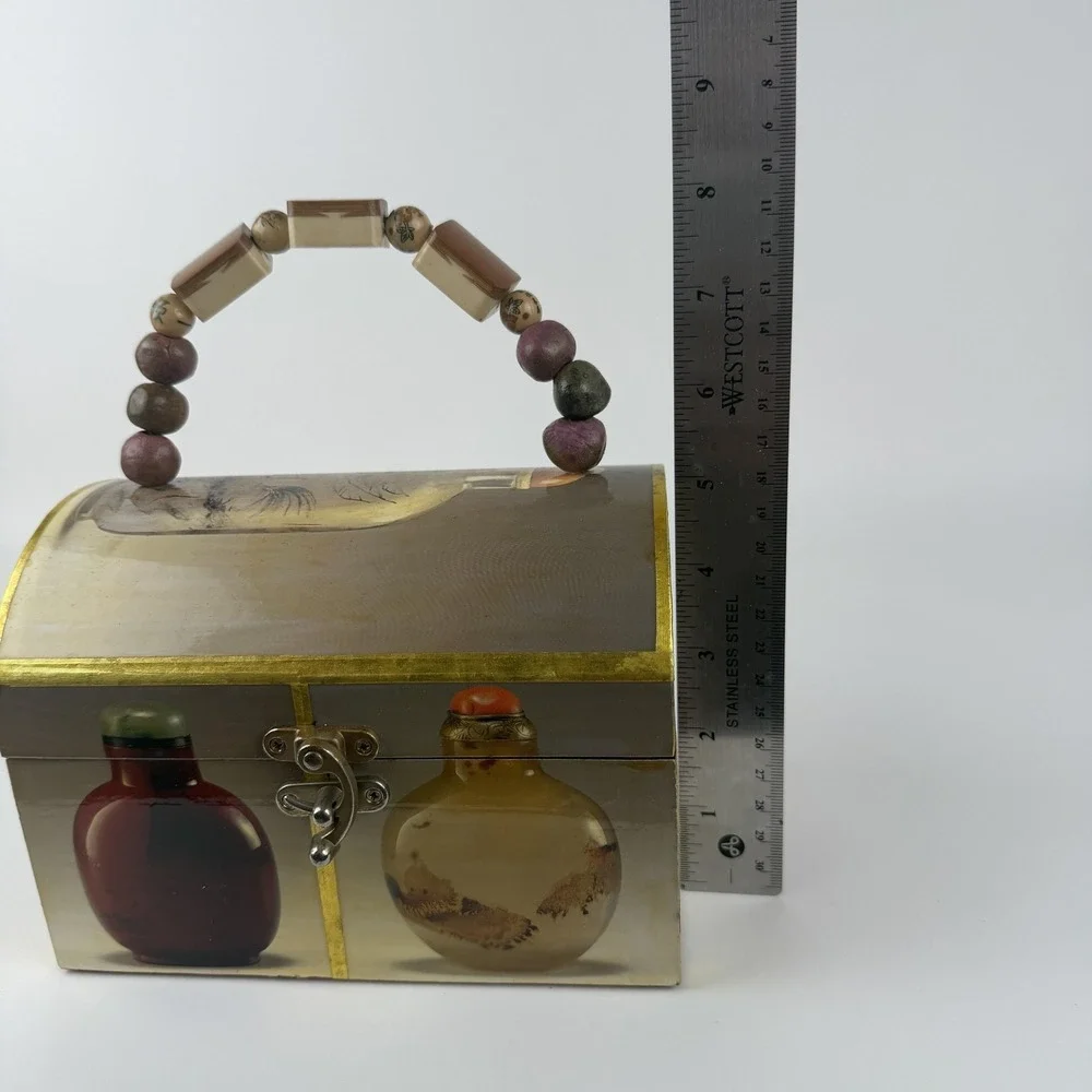 Beaded Handle Wooden Jewelry Trinket Box Asian Snuff‎ Bottle Print Hinged Latch